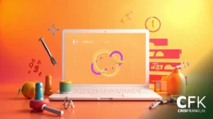 Um laptop branco está sobre uma mesa laranja com ferramentas espalhadas, blocos de brinquedo e símbolos abstratos. A tela exibe gráficos coloridos em um fundo laranja. O logotipo "CFK CRISFRANKLIN" está visível.