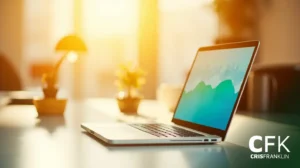 Um laptop está aberto em uma mesa em um escritório bem iluminado com plantas borradas e uma lâmpada ao fundo. O logotipo da CFK Cris Franklin está visível no canto inferior direito.
