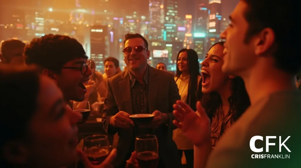 Um grupo de pessoas socializa e ri em um bar com as luzes da cidade ao fundo; bebidas são visíveis e um homem de óculos escuros está no centro.