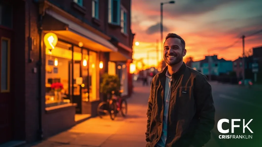 Um homem sorri enquanto está em uma calçada da cidade ao pôr do sol, com luzes quentes brilhando em uma loja próxima. As iniciais "CFK" e o nome "Cris Franklin" aparecem no canto.