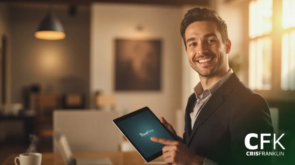 Um homem em traje de negócios sorri e aponta para um tablet que exibe a palavra "Obrigado" em um ambiente de escritório. O logotipo "CFK CRISFRANKLIN" aparece em primeiro plano.