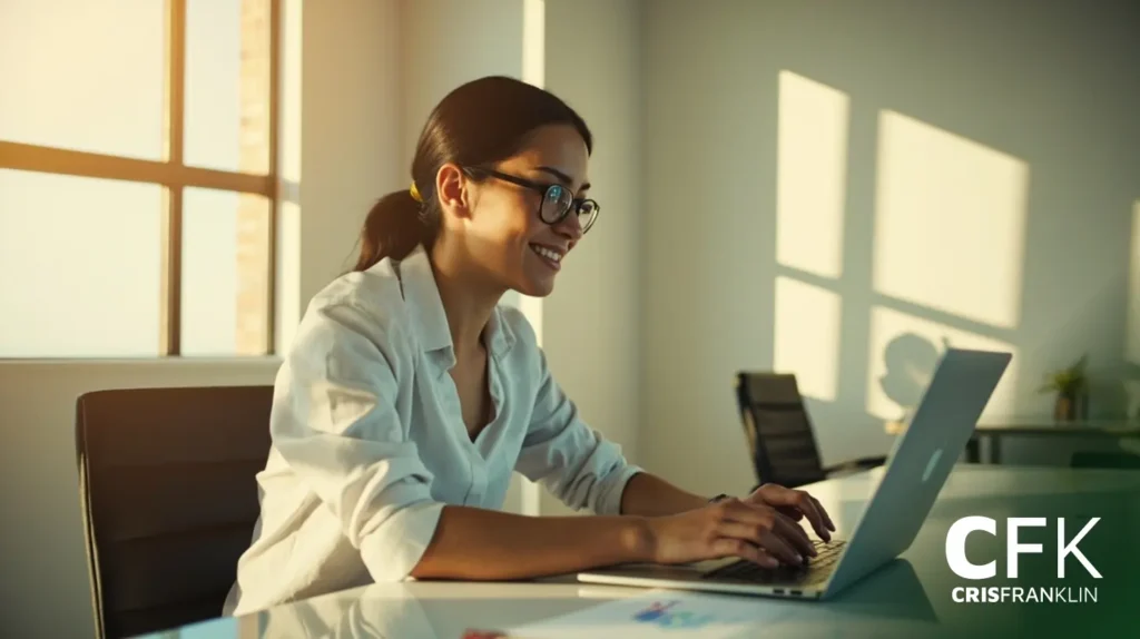 Uma mulher usando óculos e uma camisa branca senta-se em uma mesa, digitando em um laptop em um escritório bem iluminado. O logotipo da CFK CRISFRANKLIN aparece no canto inferior direito.