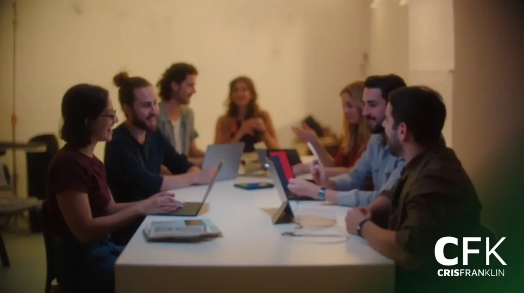 Sete pessoas sentadas ao redor de uma mesa com laptops e notebooks, conversando em uma sala de reuniões bem iluminada. O logotipo "CFK Cris Franklin" aparece no canto inferior direito.