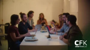 Sete pessoas sentadas ao redor de uma mesa com laptops e notebooks, conversando em uma sala de reuniões bem iluminada. O logotipo "CFK Cris Franklin" aparece no canto inferior direito.