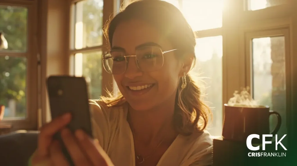 Uma mulher de óculos sorri enquanto tira uma selfie com seu smartphone em uma sala iluminada pelo sol; uma bebida quente está sobre a mesa ao lado dela.