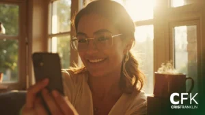 Uma mulher de óculos sorri enquanto tira uma selfie com seu smartphone em uma sala iluminada pelo sol; uma bebida quente está sobre a mesa ao lado dela.