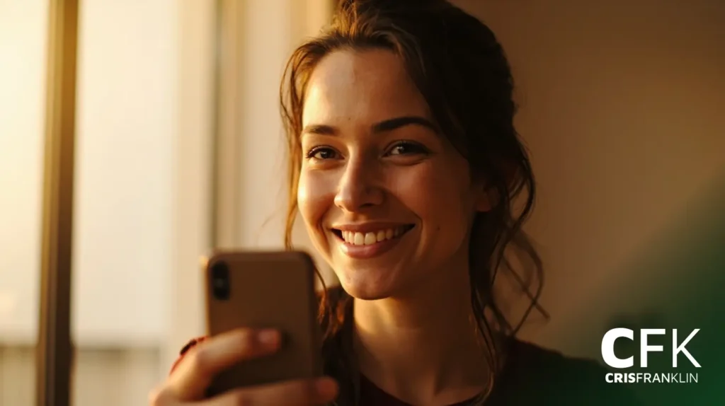 Uma mulher sorri enquanto segura um smartphone na mão, com a luz quente do sol ao fundo. As letras "CFK CRIS FRANKLIN" aparecem no canto inferior direito.
