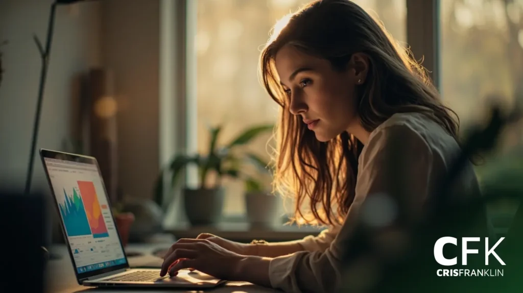Uma mulher está sentada em uma mesa usando um laptop, analisando gráficos coloridos na tela, com plantas e luz natural suave ao fundo.