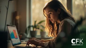 Uma mulher está sentada em uma mesa usando um laptop, analisando gráficos coloridos na tela, com plantas e luz natural suave ao fundo.