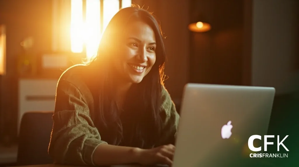 Mulher sorrindo enquanto usa um laptop em uma mesa, com a luz do sol incidindo por trás. O logotipo "CFK CRISFRANKLIN" aparece no canto inferior direito.