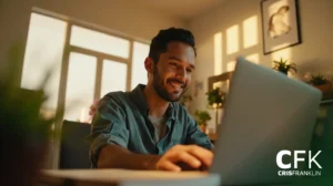 Um homem senta-se em uma mesa usando um laptop, sorrindo, em uma sala iluminada pelo sol com plantas e arte na parede. O texto "CFK CRISFRANKLIN" aparece no canto inferior direito.