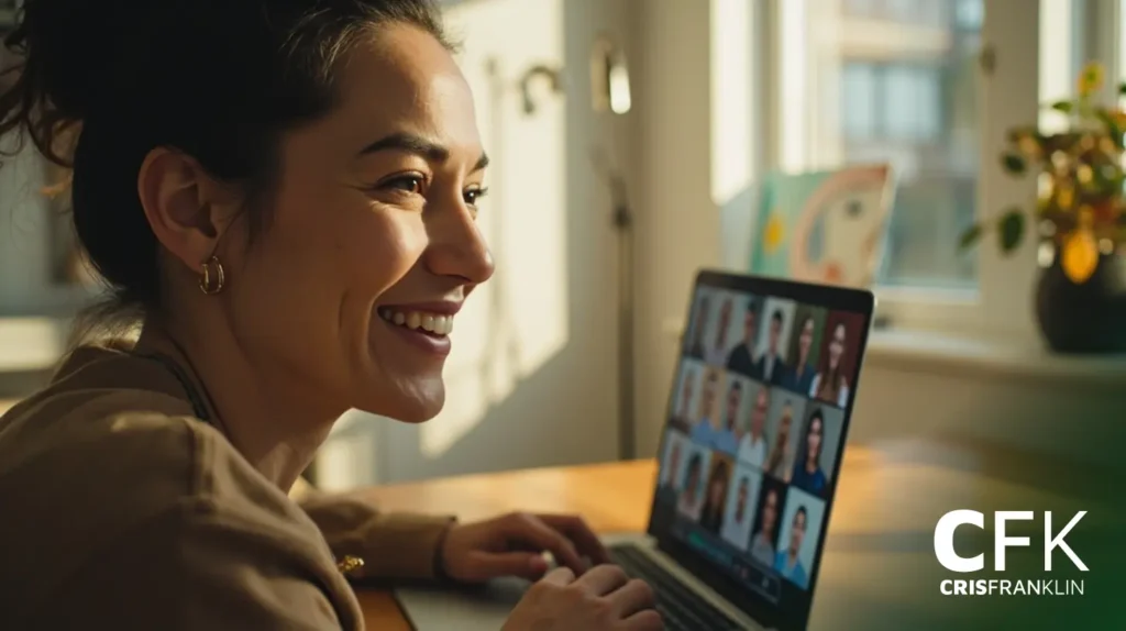 Uma mulher sorri enquanto participa de uma chamada de videoconferência em seu laptop em uma sala iluminada pelo sol. A tela mostra várias pessoas em um layout de grade.