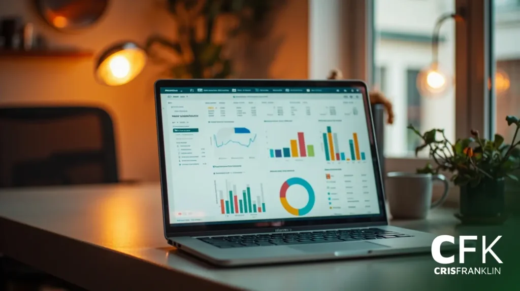 Um laptop exibindo vários gráficos e tabelas de dados coloridos fica em uma mesa ao lado de uma planta e uma caneca em um ambiente de escritório com iluminação suave.