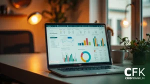 Um laptop exibindo vários gráficos e tabelas de dados coloridos fica em uma mesa ao lado de uma planta e uma caneca em um ambiente de escritório com iluminação suave.