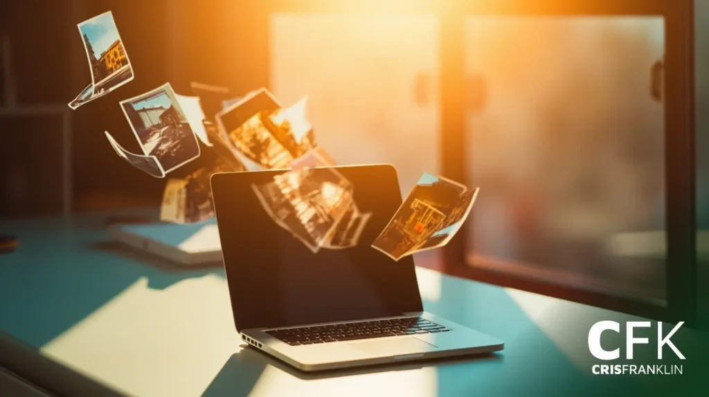 Um laptop sobre uma mesa com fotos impressas que parecem flutuar para fora da tela; a luz do sol atravessa as janelas próximas.