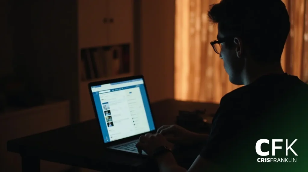 Uma pessoa sentada em uma mesa usando um laptop em uma sala mal iluminada, com uma página de mídia social aberta na tela. O logotipo da CFK CRIS FRANKLIN está visível no canto inferior direito.