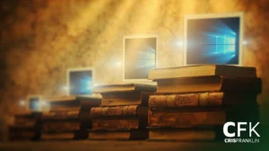 Várias pilhas de livros antigos estão cobertas por telas de computador que exibem o logotipo do Windows, em um fundo quente e desfocado. O logotipo da CFK Cris Franklin aparece no canto inferior direito.