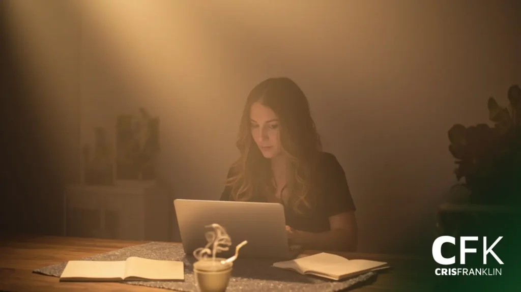 Uma mulher está sentada em uma mesa trabalhando em um laptop, com livros abertos ao seu lado e uma iluminação quente e difusa preenchendo o ambiente.