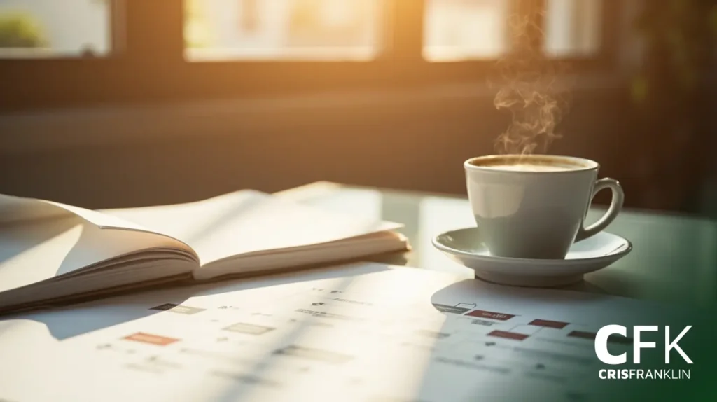 Uma xícara de café fumegante está sobre uma mesa ao lado de um livro aberto e documentos, com a luz do sol passando por uma janela ao fundo.
