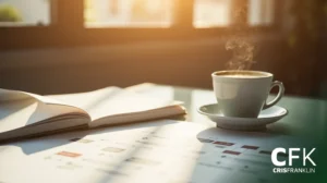 Uma xícara de café fumegante está sobre uma mesa ao lado de um livro aberto e documentos, com a luz do sol passando por uma janela ao fundo.