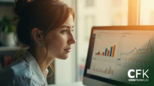 Uma mulher olha para um monitor de computador que exibe várias tabelas e gráficos em um ambiente de escritório. O logotipo "CFK CRISFRANKLIN" está visível no canto da imagem.