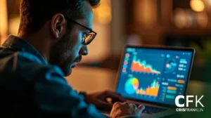 Um homem de óculos olha atentamente para um laptop que exibe tabelas e gráficos coloridos, com o logotipo "CFK CRISFRANKLIN" visível no canto.