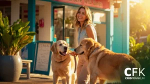 Uma mulher sorri enquanto está do lado de fora com dois golden retrievers na coleira em frente a um prédio colorido. A imagem tem o título "CFK CRIS FRANKLIN.