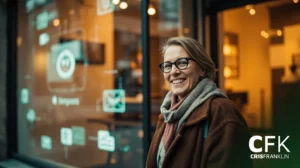 Uma mulher usando óculos e um casaco marrom sorri do lado de fora de um edifício moderno com ícones de janelas iluminadas. O logotipo "CFK CRIS FRANKLIN" aparece no canto.