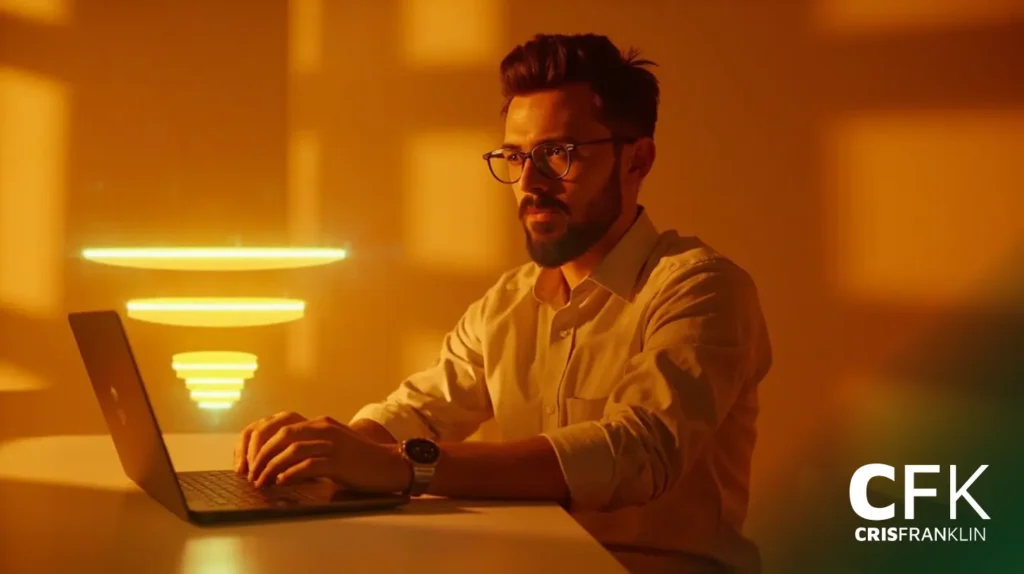Um homem de óculos usa um laptop em uma mesa com anéis de luz amarelos futuristas; as letras "CFK" e "CRISFRANKLIN" aparecem no canto.