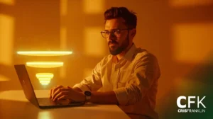 Um homem de óculos usa um laptop em uma mesa com anéis de luz amarelos futuristas; as letras "CFK" e "CRISFRANKLIN" aparecem no canto.