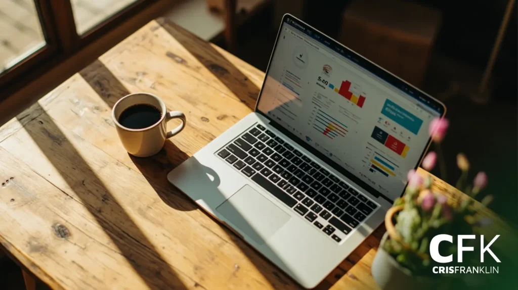 Um laptop que exibe gráficos de dados fica em uma mesa de madeira ao lado de uma xícara de café e um pequeno vaso de plantas, com a luz do sol entrando.