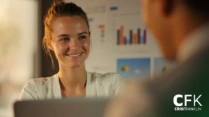 Uma mulher sorri durante uma conversa com uma pessoa desfocada; uma apresentação com gráficos é visível ao fundo. A imagem tem a marca "CFK CRISFRANKLIN" no canto.