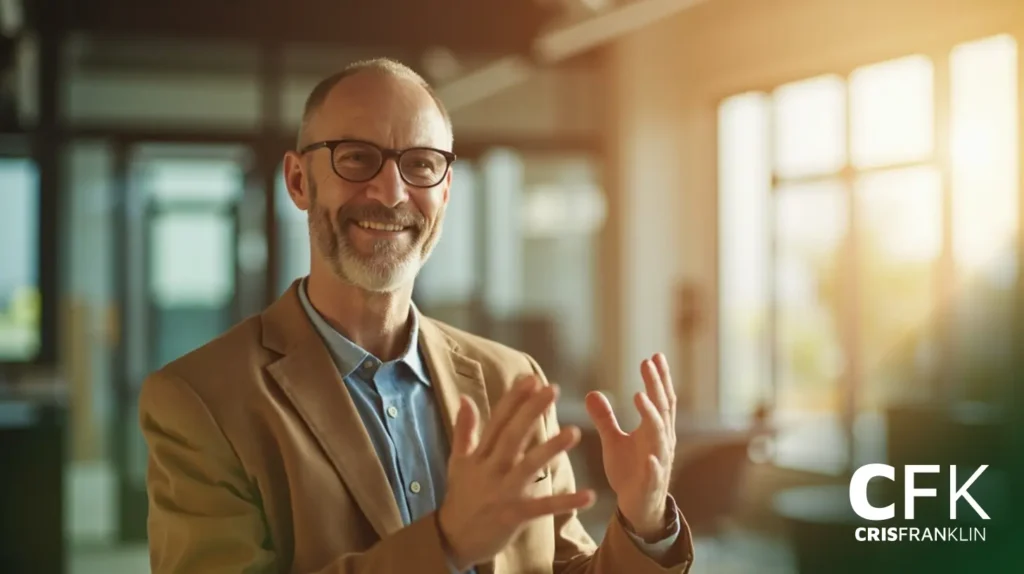 Um homem mais velho, de óculos e barba, vestindo um blazer marrom, sorri e gesticula com as mãos em um escritório iluminado pelo sol. O logotipo da CFK Cris Franklin pode ser visto no canto.