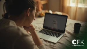 Uma mulher está sentada em uma mesa, olhando para uma tela aberta de laptop com uma xícara por perto. A sala está suavemente iluminada, e o logotipo "CFK Cris Franklin" está visível no canto.