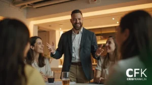 Um homem de terno está sorrindo e falando com três mulheres sentadas ao redor de uma mesa em um escritório moderno e bem iluminado. O logotipo "CFK CRISFRANKLIN" está visível no canto.
