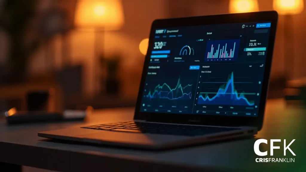 Um laptop sobre uma mesa exibe gráficos e painéis de análise de dados; a sala é suavemente iluminada por uma lâmpada ao fundo. O canto inferior direito mostra o logotipo da CFK CRISFRANKLIN.