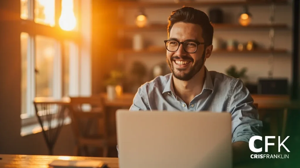 Um homem de óculos e barba sorri enquanto está sentado em uma mesa com um laptop em uma sala iluminada pelo sol. O logotipo "CFK Cris Franklin" está visível no canto inferior direito.