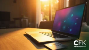 Um laptop em uma mesa de madeira ao lado de um cartão de crédito em uma sala iluminada pelo sol, com o logotipo "CFK CRISFRANKLIN" no canto inferior direito.