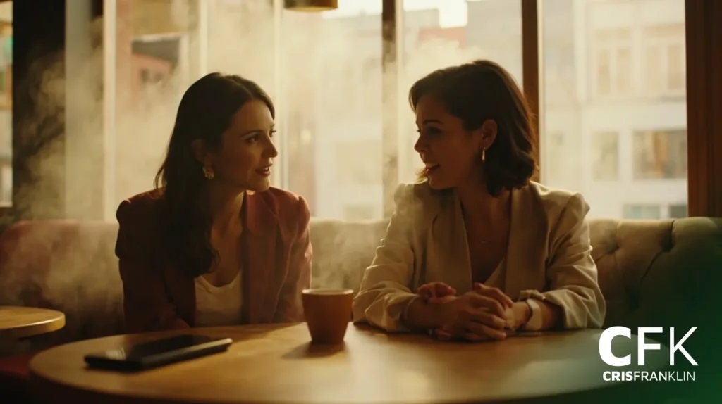 Duas mulheres sentadas à mesa de uma cafeteria conversando, com a luz do sol entrando pela janela atrás delas. Uma xícara de café está sobre a mesa. O logotipo "CFK CRISFRANKLIN" está visível no canto inferior direito.