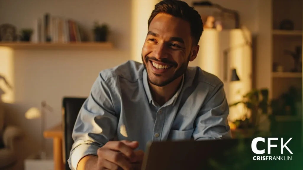Um homem vestindo uma camisa azul clara senta-se em uma escrivaninha, sorrindo, com iluminação quente e estantes de livros ao fundo. O texto "CFK CRIS FRANKLIN" aparece no canto inferior direito.
