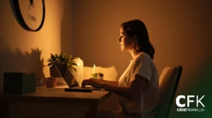 Uma mulher está sentada em uma mesa trabalhando em um laptop em uma sala mal iluminada, iluminada por uma lâmpada próxima e uma vela. O logotipo da CFK Cris Franklin está visível no canto inferior direito.