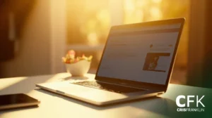 Um laptop em uma mesa branca ao lado de um smartphone e um pequeno vaso de plantas, com a luz do sol entrando por uma janela.
