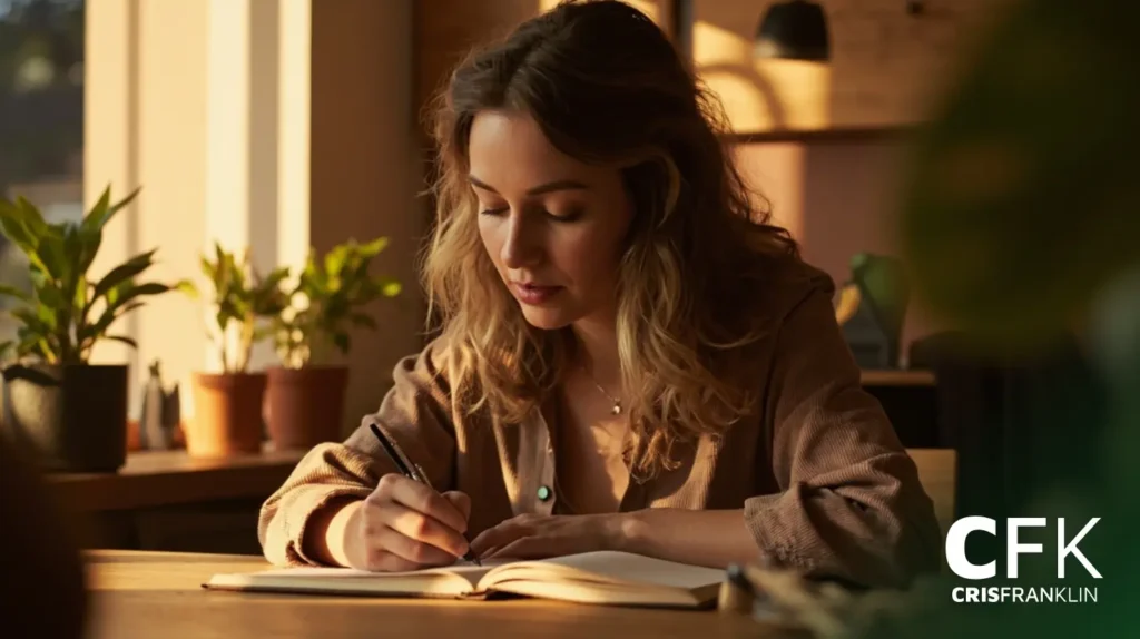 Uma mulher está sentada em uma mesa de madeira, escrevendo em um caderno com uma caneta. Vasos de plantas e a luz do sol são visíveis ao fundo. As letras "CFK" aparecem no canto inferior direito.