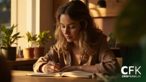 Uma mulher está sentada em uma mesa de madeira, escrevendo em um caderno com uma caneta. Vasos de plantas e a luz do sol são visíveis ao fundo. As letras "CFK" aparecem no canto inferior direito.