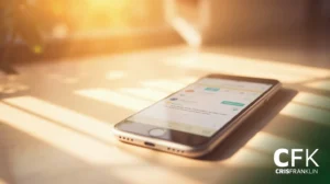 Um smartphone está sobre uma superfície iluminada pelo sol, exibindo um aplicativo de mensagens, com luz suave e sombras. O logotipo da CFK CRISFRANKLIN está visível no canto inferior direito.