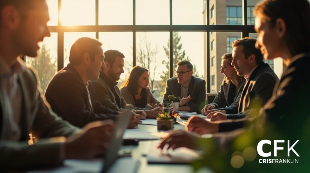 Um grupo de pessoas se senta em torno de uma mesa de conferência para discutir, com a luz do sol passando por grandes janelas ao fundo. As letras "CFK" aparecem no canto inferior direito.
