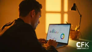 Um homem está sentado em uma mesa usando um laptop que exibe tabelas e gráficos coloridos; a luz do sol passa por uma janela e uma planta está ao fundo.