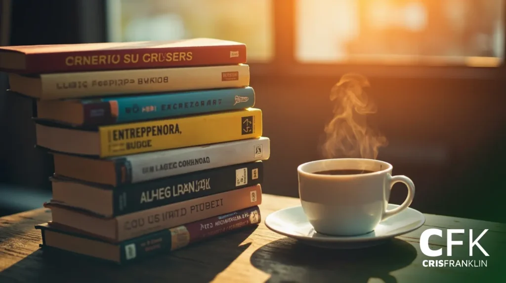 Uma pilha de livros ao lado de uma xícara de café fumegante em uma mesa de madeira, com a luz do sol passando por uma janela ao fundo. O logotipo "CFK CRISFRANKLIN" aparece no canto.