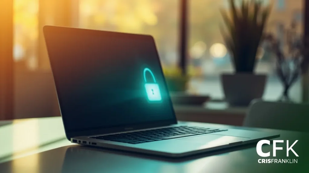 Um laptop em uma mesa exibe um ícone de cadeado brilhante na tela, indicando segurança ou criptografia de dados. A marca d'água CFK CRISFRANKLIN é visível no canto inferior direito.