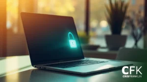 Um laptop em uma mesa exibe um ícone de cadeado brilhante na tela, indicando segurança ou criptografia de dados. A marca d'água CFK CRISFRANKLIN é visível no canto inferior direito.